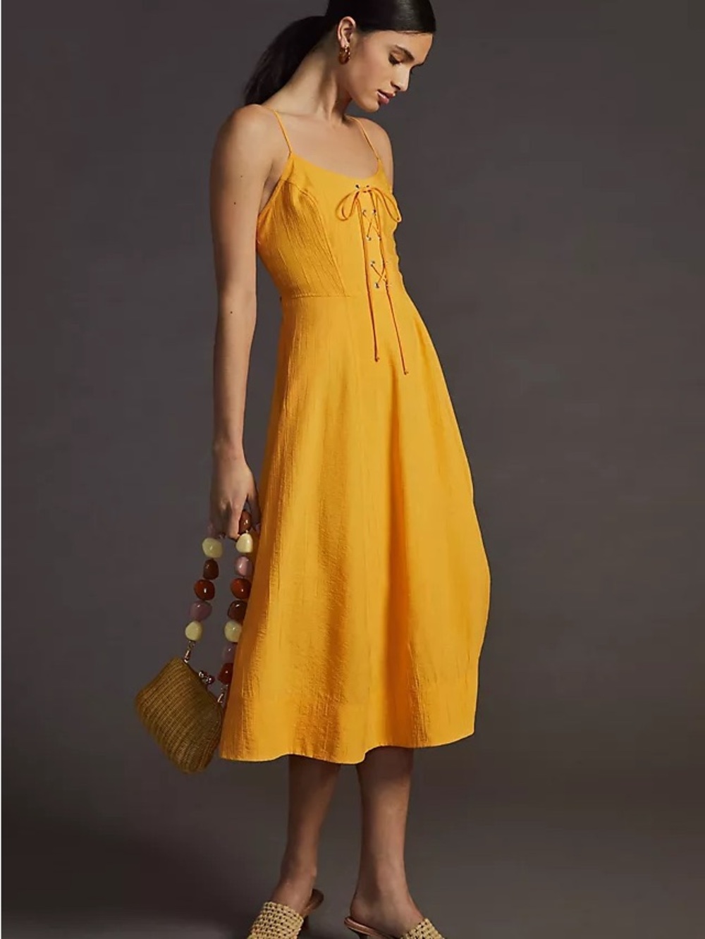 Anthropology Maeve Yellow Lace-Up Midi Dress Size XXS